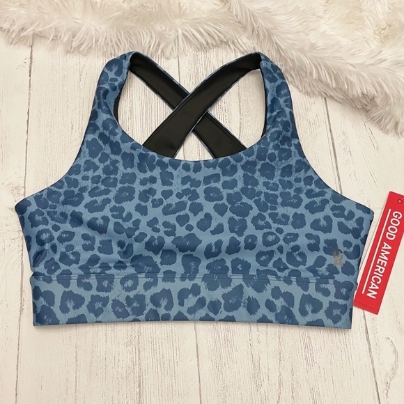 🆕 NWT Good American Blue Leopard Criss Cross Back Sports Bra - Picture 3 of 8